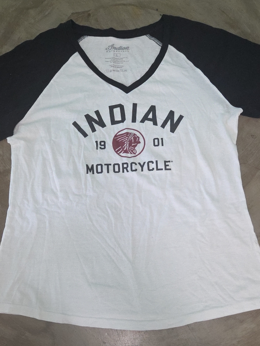 Indian Motorcycle Women’s White V‑Neck Raglan Tee with Black Sleeves